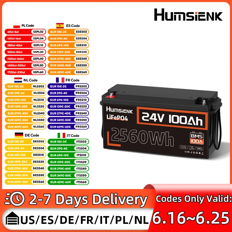 

Humsienk LiFePO4 24V 100AH Lithium Iron Phosphate Battery 100A BMS For Electronics RV Campers Solar Golf Carts Marine Vans