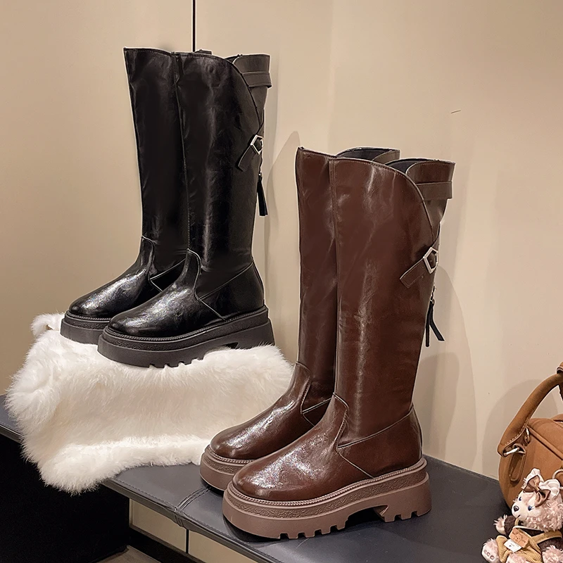 

Western Cowboy Boots Fashion Round Toe Rear Zipper Platform Waterproof Non-slip Block Heel Tall Boots