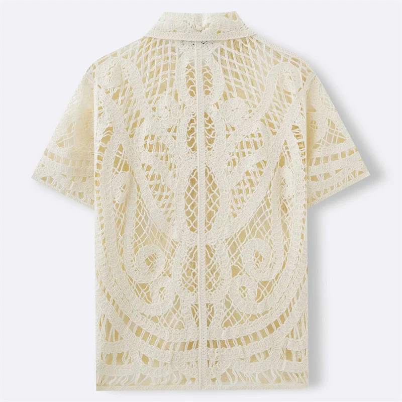 Hollow Out Knitted Shirts For Men Short Sleeve Claasy Breathable Summer Quality Acrylic Stretchy Trendy Casual Camisas De Hombre