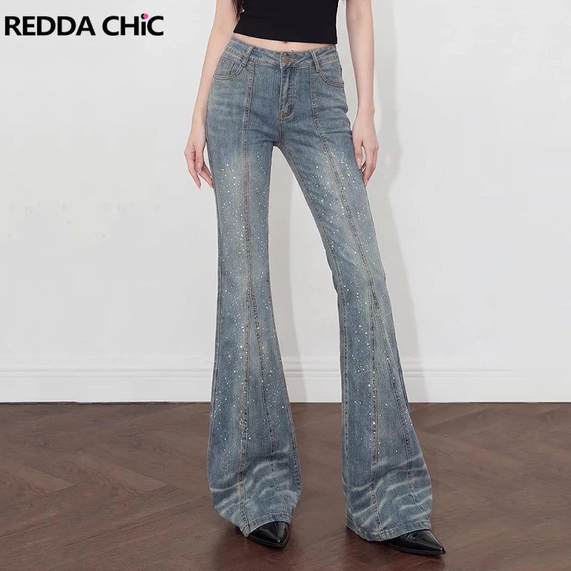 REDDACHiC Women's Bootcut Rhinestone Jeans Korea Y2K Stitch High Waist Do Old Stretch Whiskers Flare Pants Retro Everyday Wear