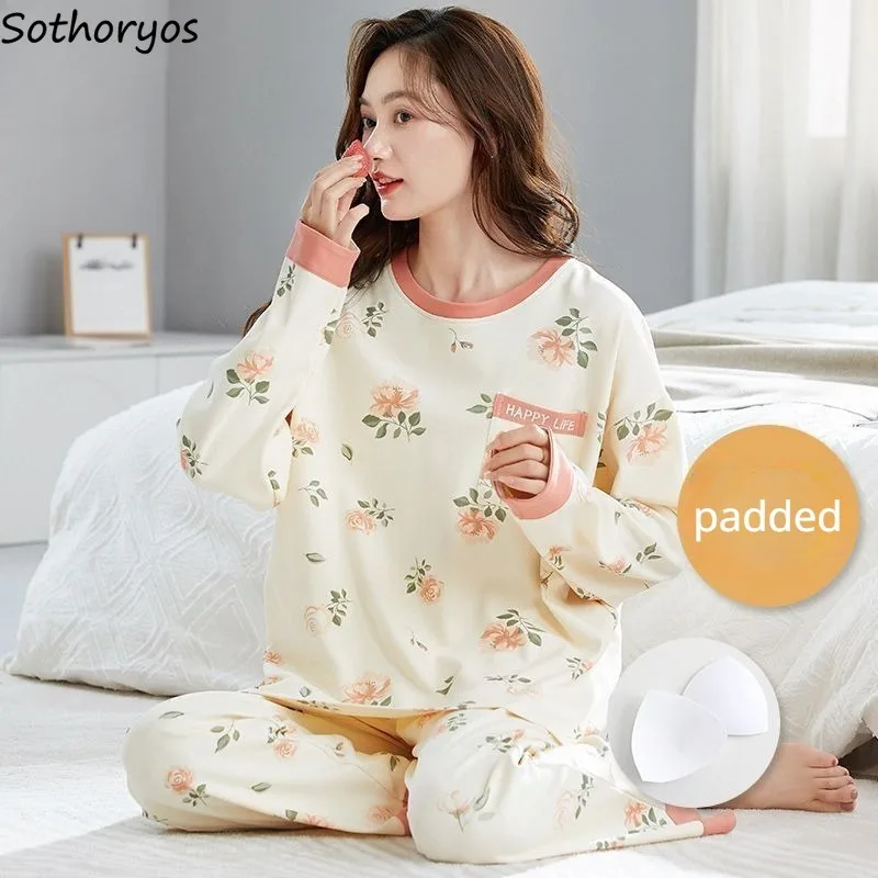 Padded Long Sleeve Pajama Sets Women Sleepwear Autumn Print Full Length O-neck Sweet Lovely Preppy Home Pyjamas Female Mujer Pjs