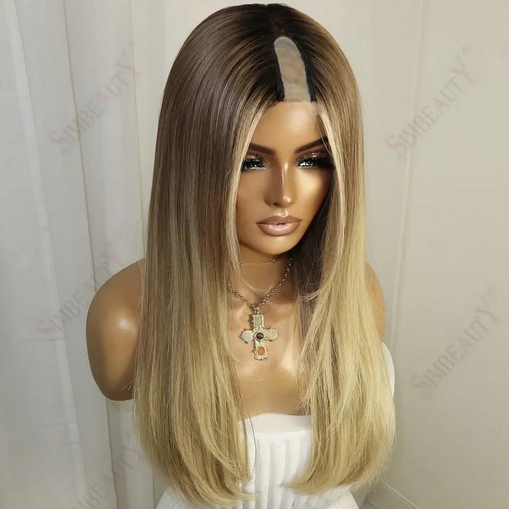 Dark Roots Seidenglatt 1X4 Größe U-Part Perücken Echthaar Aschblond Ombre Remy Europäisch Kleberlos Maschinell Hergestellt V-Part Damenperücke – Detail 3