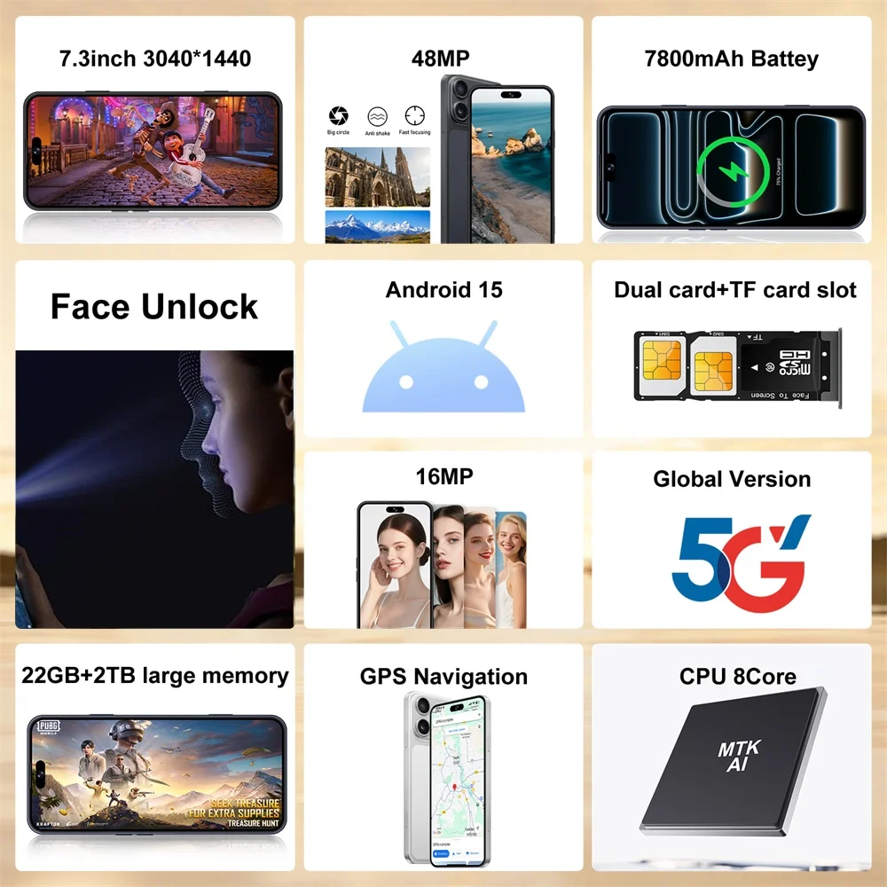 K-Touch Smartphone 5G für 17 Pro Max, 7,3-Zoll-Vollbild-Display, 5G-Mobiltelefon mit Dual-SIM-Funktion, Android-Smartphone, 16+48-MP-Kamera, Gesichtserkennung, entsperrt, 7800-mAh-Akku, Mobiltelefone. – Detail 5