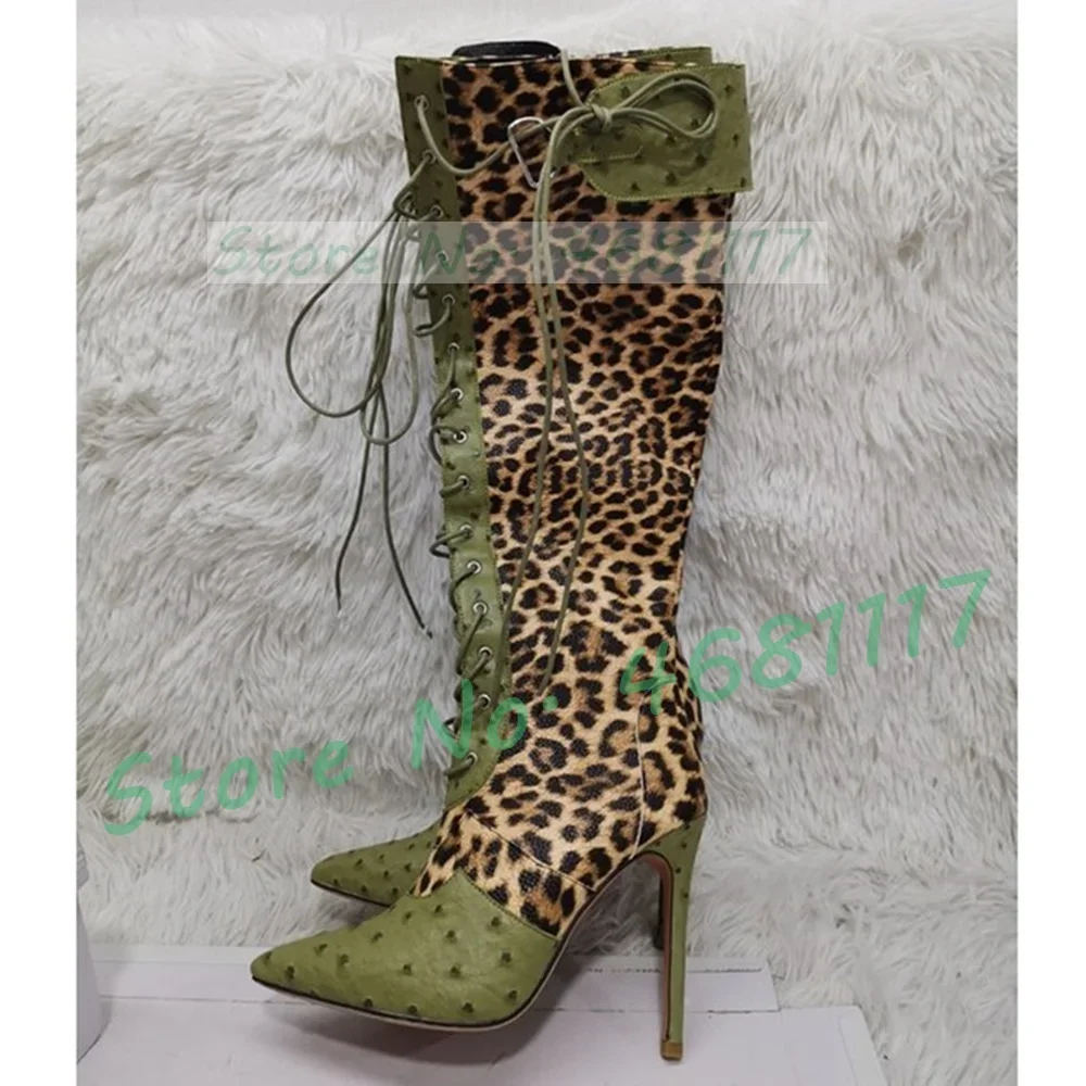 Green Leopard Splicing Knee High Boots Sexy Ladies Cross Tied Point Toe High Heels Boots Women Metal Buckle Decor Big Size Shoes
