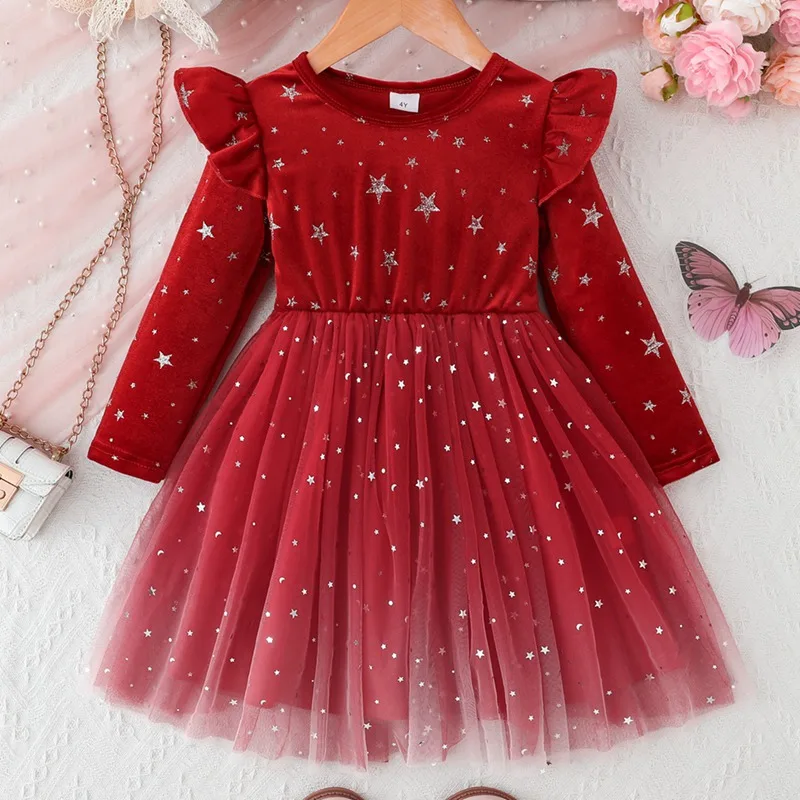 

Child Girls Christmas Dress, 4-7Y Star Gradient Mesh & Velvet Puff Party Dress, Red Long-Sleeve Winter Holiday Festive Dresses