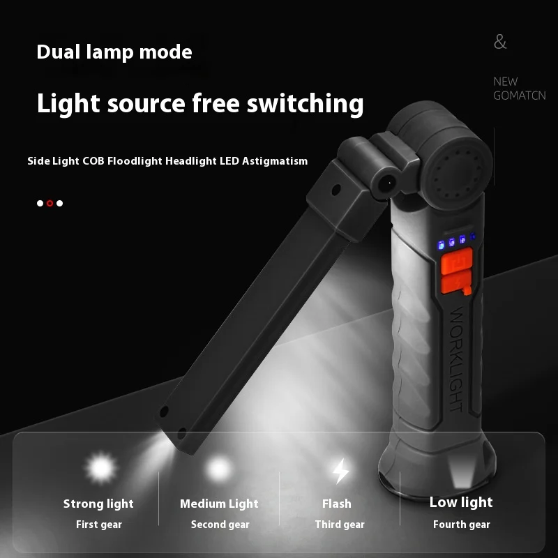 キャンプ用充電式LED懐中電灯,マグネットとフック付きの作業灯,防水ip64,5つの照明モード,夜間の作業に適しています