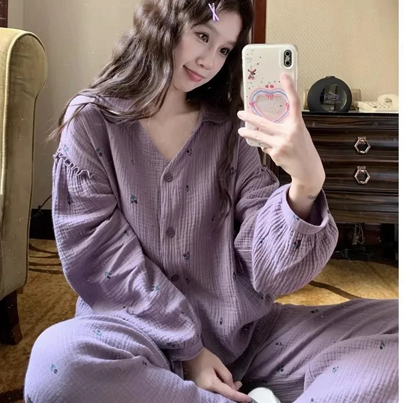Korean Sweet Sleepwear For Sleeping Set New Spring Autumn Cotton Women's Pajamas Suit V Neck Long Sleeve Lounge Home Clothes