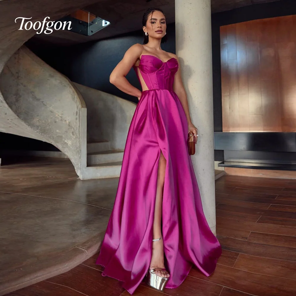 

Toofgon Fuchsia Customized Satin Long Prom Dresses Pleats Women Evening Gowns A Line Formal Party Saudi Arabia Birthday Dress