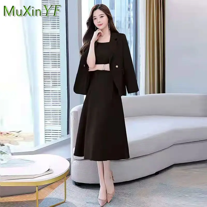 2022 Autumn Winter New Fashion Blazer Blouse+Suspender Dress Professional Two-piece Women\'s Korean Elegant Suit Midi Skirt Set