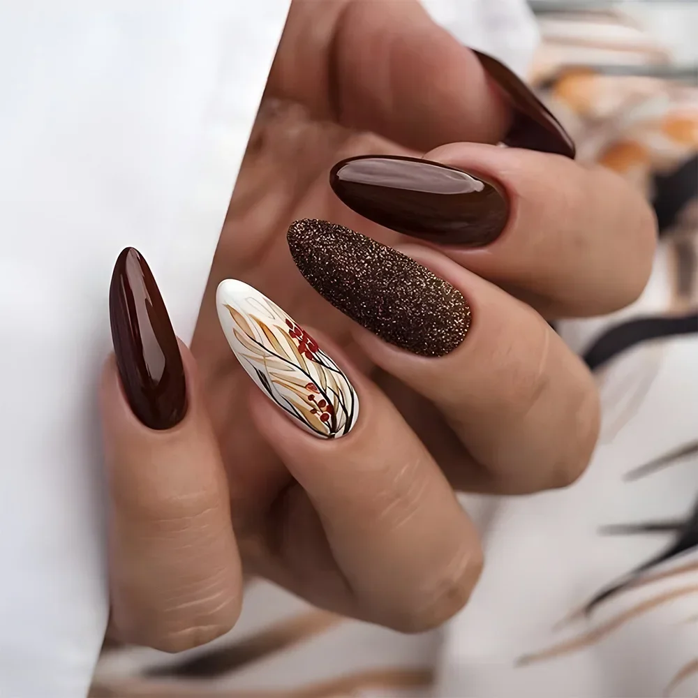 24 pçs outono amêndoa imprensa em unhas falsas com cola retro folhas flor unhas falsas cobertura completa glitter pó wearable unhas acrílicas