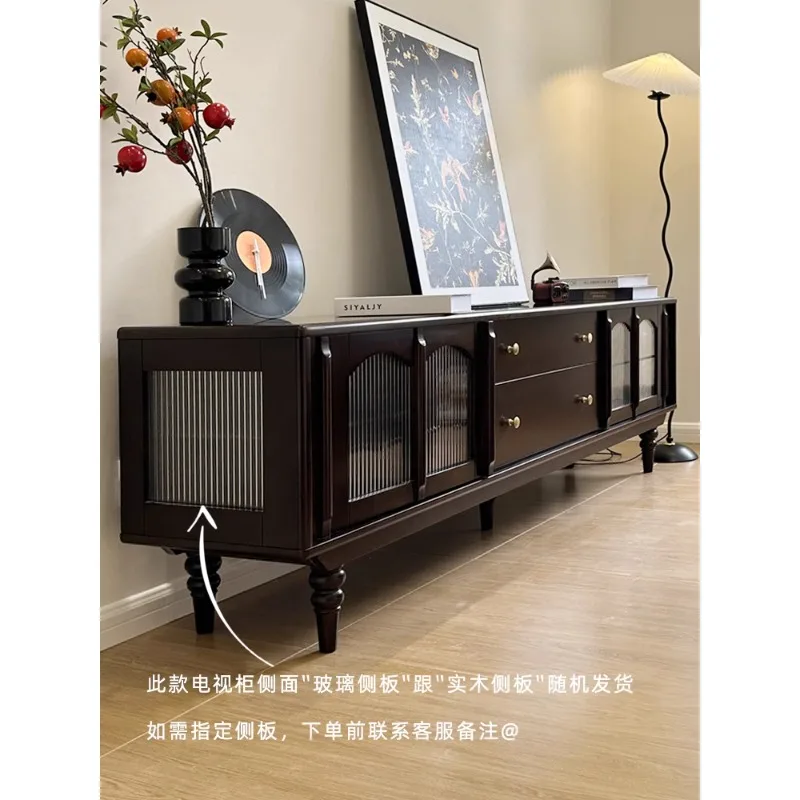 

American pure solid wood coffee table TV cabinet combination light French retro home floor cabinet living room medieval black lo