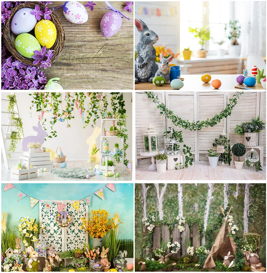 

Spring Easter Eggs Photography Backgrounds Children Portrait Vine Floral Bunny Cute Indoor Party Decor Backdrops Studio Photo