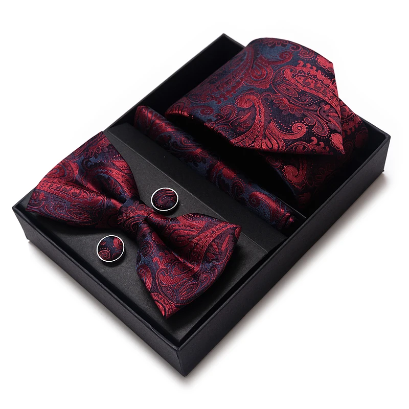 Luxury High Quality Gift Box Tie Hanky Pocket Squares Cufflink Set Necktie Box Red Paisley Suit Accessories Fit Wedding Party