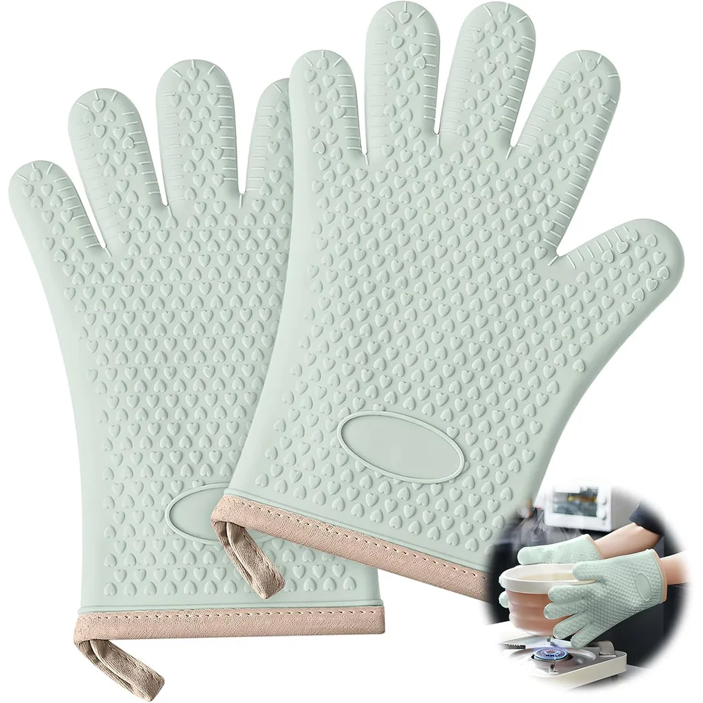 2PCS Oven Mitts, Thicken Silicone Gloves, Heat Resistant Cotton Lining Five Fingers Gloves, Kitchen mitten for Barbecue, Microwa