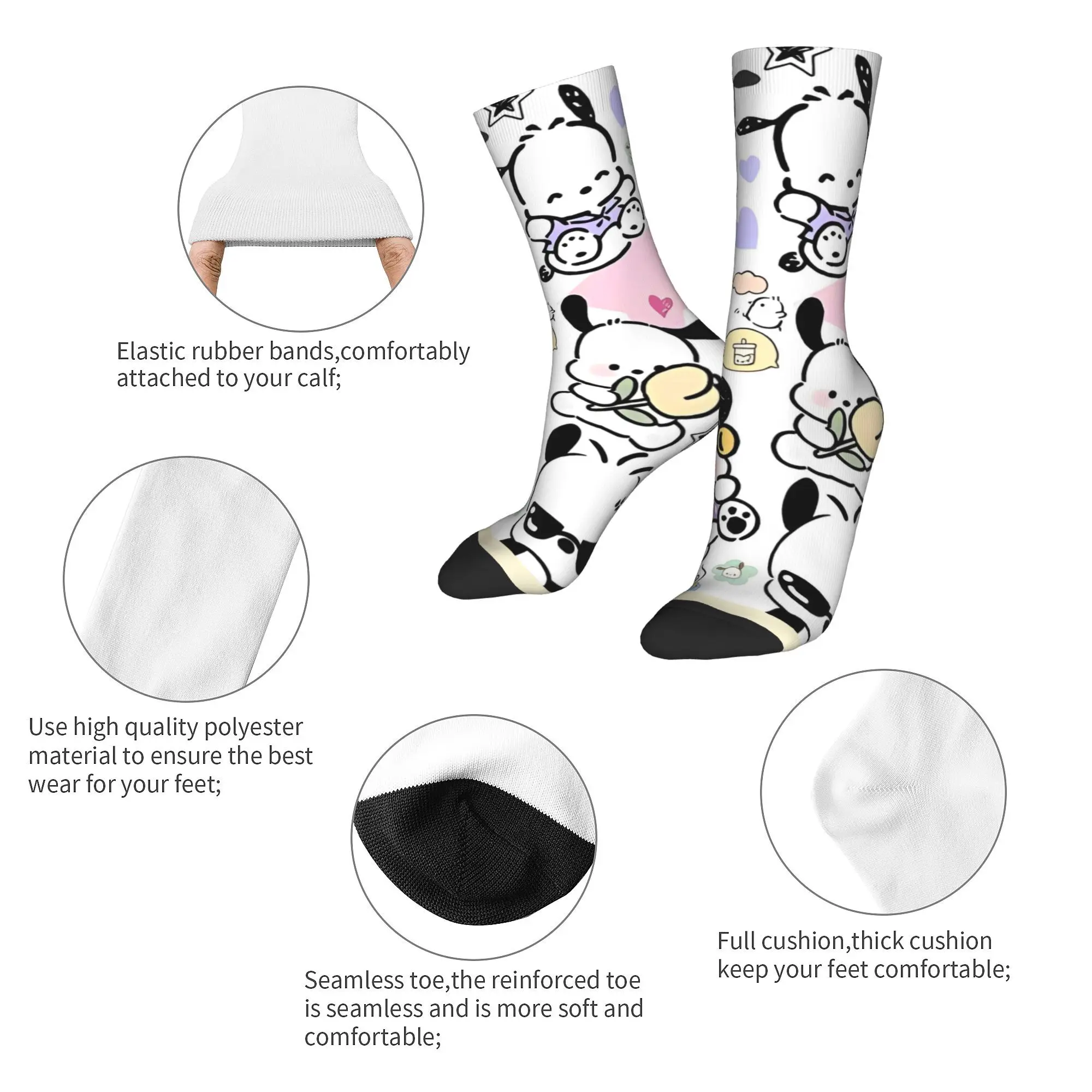 Retro Sanrio Pochacco Backside Logo Tee Football Socks  Polyester Long Socks for Women Men Non-slip