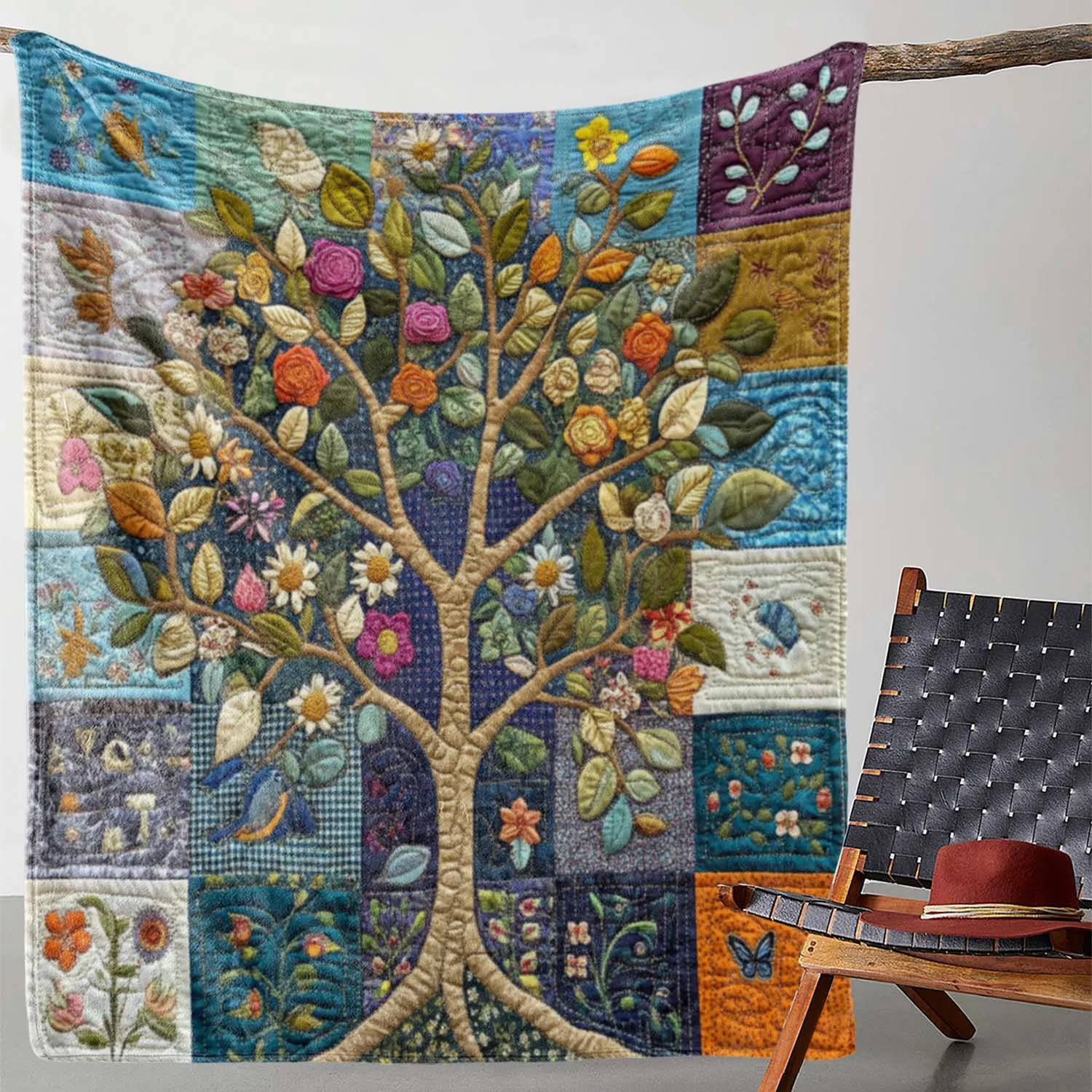 Vintage Tree of Life and Flowers Embroidered Throw Blanket Soft Cozy Flannel Knitted Quilt with All-Season Comfort for Sofa Bed