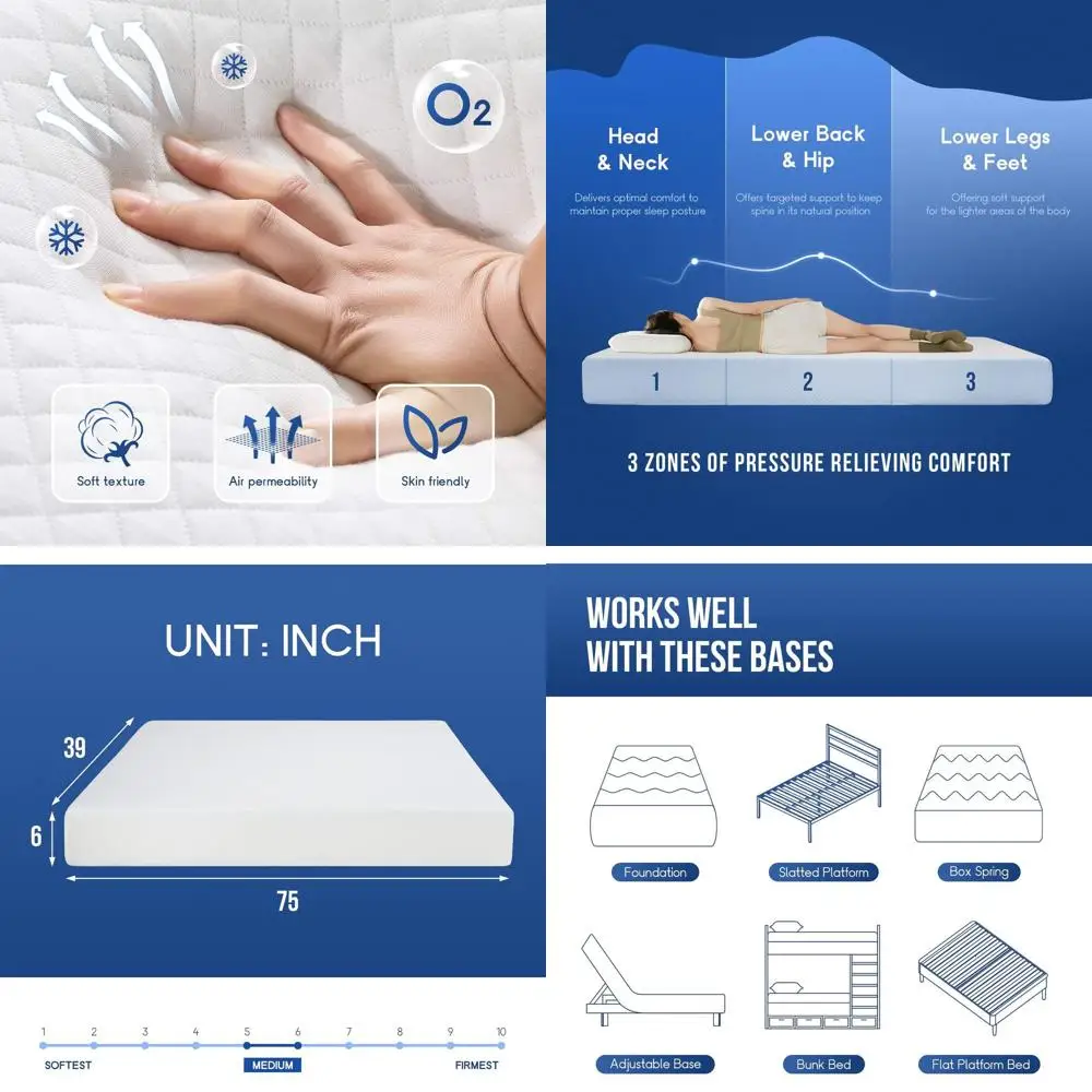 

6 Gel Memory Foam Twin Mattress - Medium Firm, White, Cooling, Washable Cover, Certi-Pur-US Certified