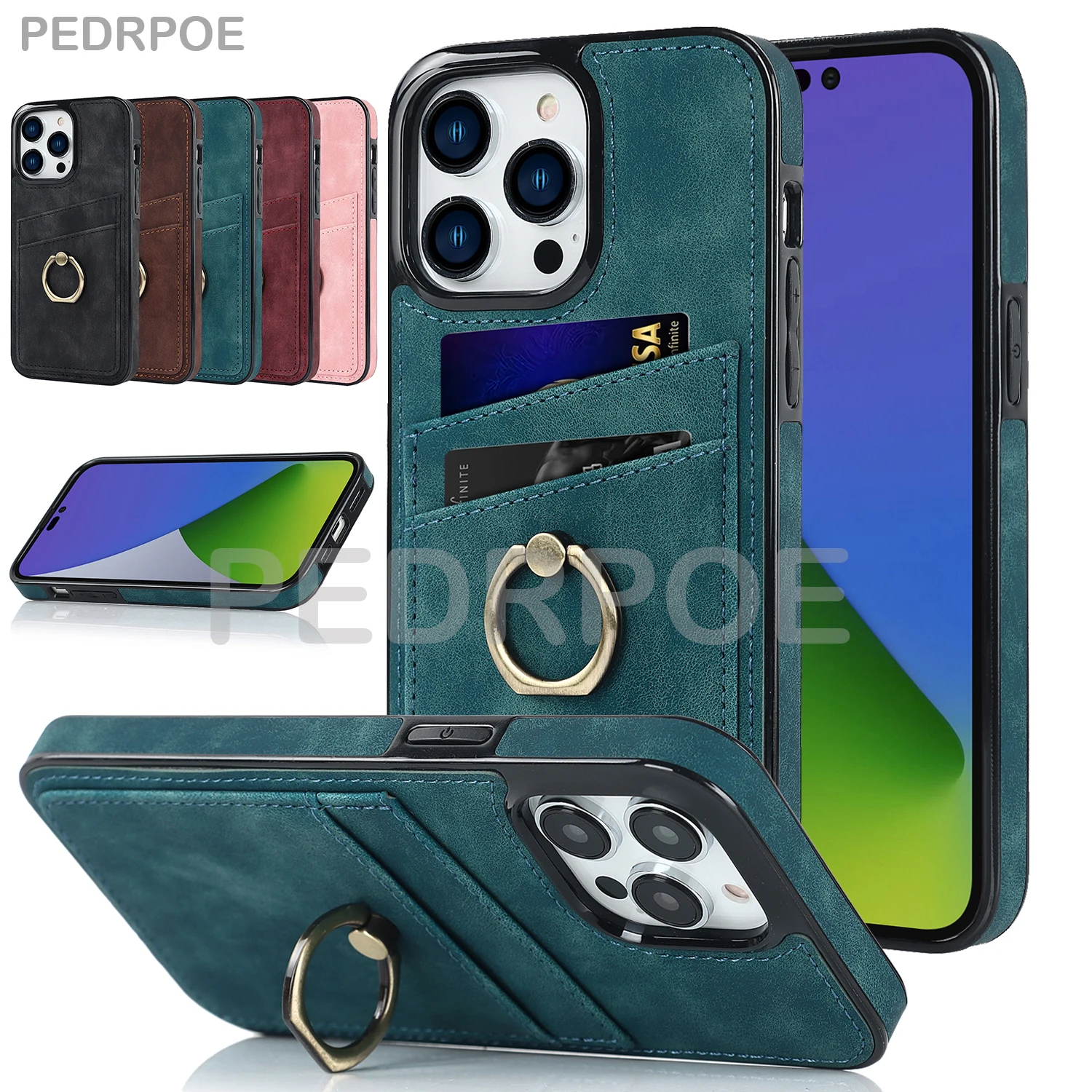

Luxury Leather Case For iPhone 14 Pro 13 12 Mini 11 Pro Max XR XS 7 8 Plus SE Card Pocket Protect Cover With Ring anti-fall Case