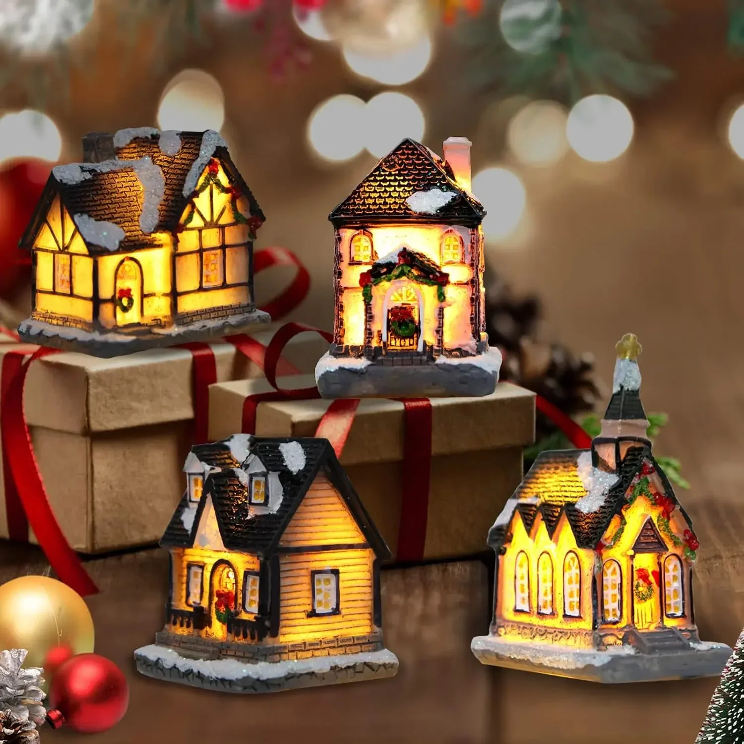 Christmas Decorations Village House Decor Xmas Lantern Decorative Resin House Collectible Buildings Figurine Kids New Year Gift