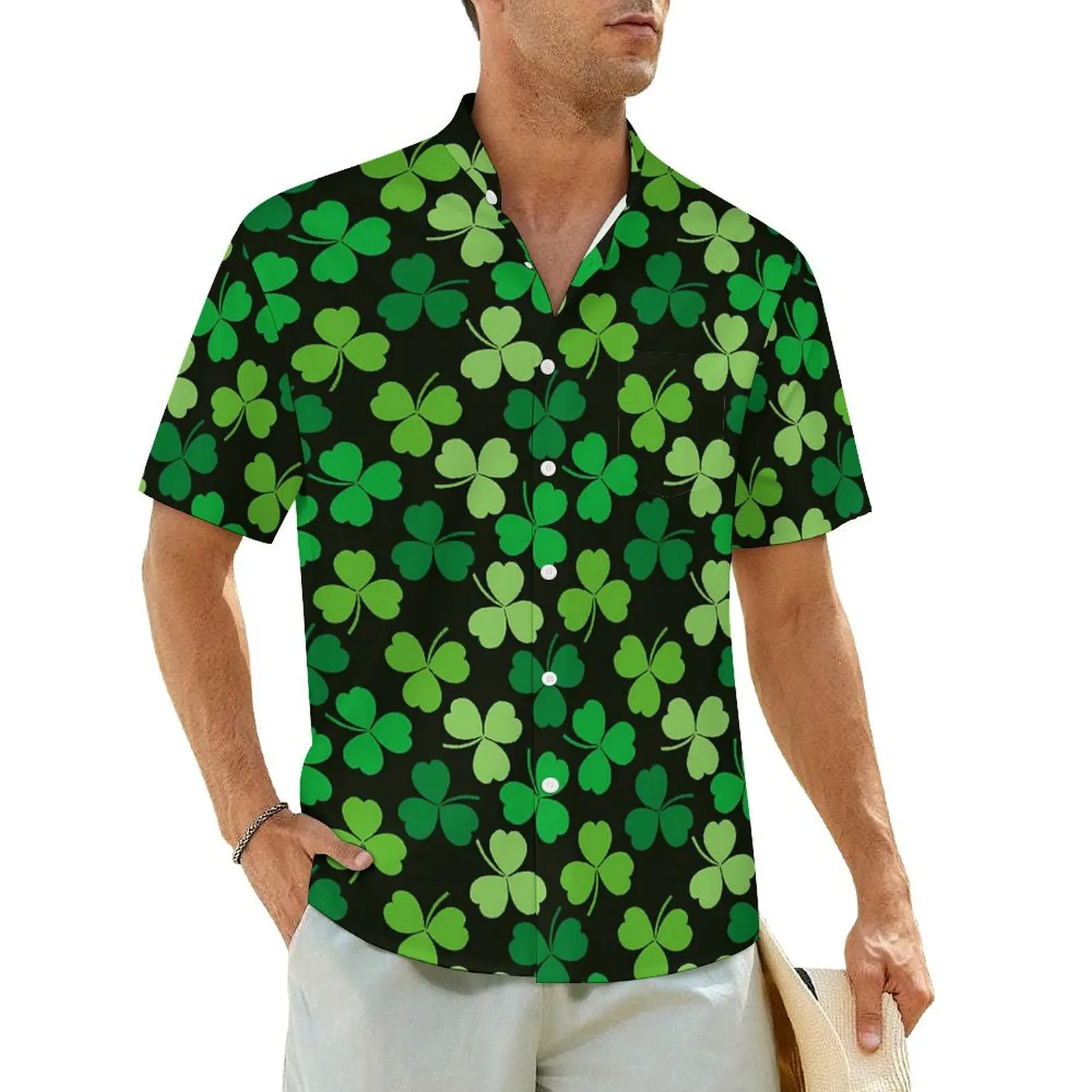 St Patricks Day Vacation Shirt Shamrock Pattern Hawaii Casual Shirts Male Vintage Blouses Short-Sleeved Street Design Clothes