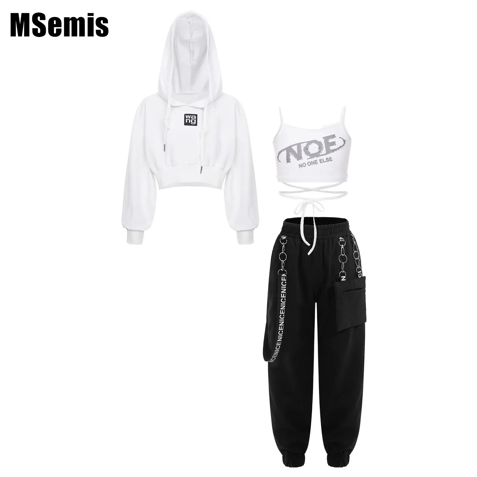 

Kids Girls Hip-Hop Jazz Outfit Letter Print Spaghetti Straps Lace-up Vest Cropped Hoodie Drawstring Metal Chain Pocket Pants