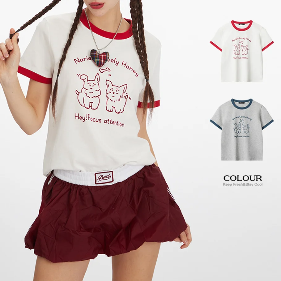 

Yapher Women's Flocked Puppy Print Short Sleeve T-shirt Contrast Loose Fit Cotton Crew Neck Tee Cute Casual Top for Summer