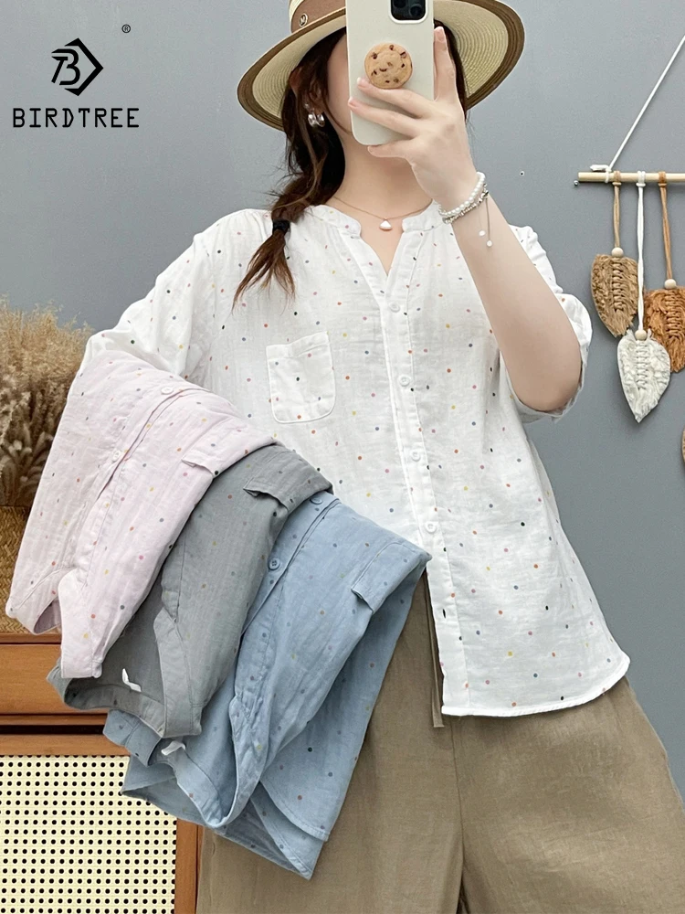 New 2026 Summer Women Cotton Yarn Half Sleeve Shirt, V Neck Dot Print, Mori Girl Temperament Casual Soft Loose Blouse T66160CC