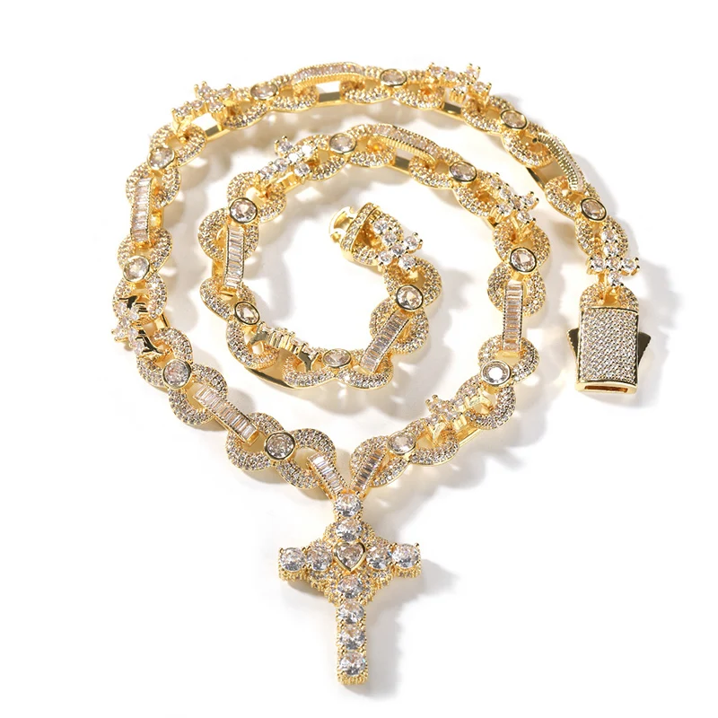 Hip Hop 5A+ CZ Stone Paved Bling Iced Out 8 Shape Infinity Link Chain Heart Zircon Cross Pendant Necklace for Men Rapper Jewelry