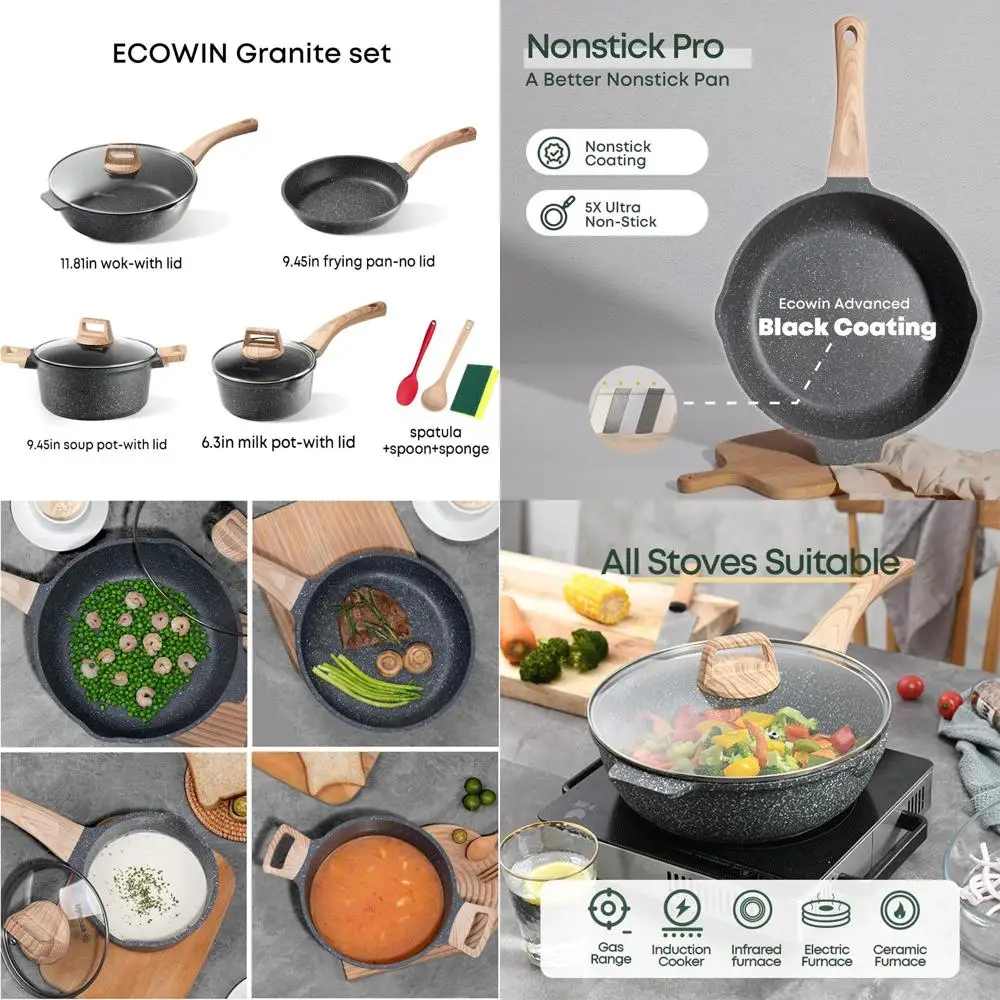 

10-Piece Nonstick Granite Cookware Set with Heat-Resistant Handles, PFOA-Free and Healthy Induction-Ready
