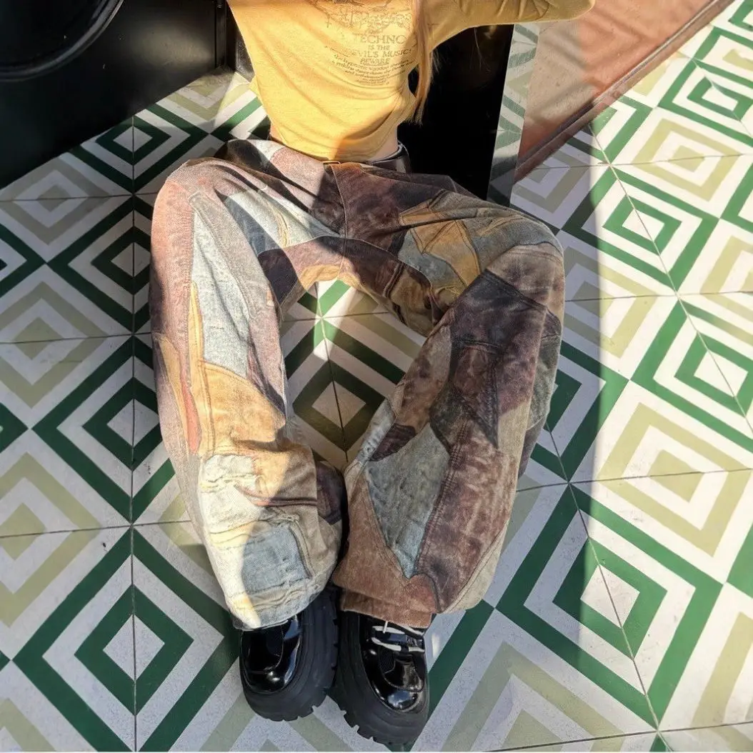 2025 Nordic small design sense retro printed floor-length pants made old wide leg jeans low waist long pants