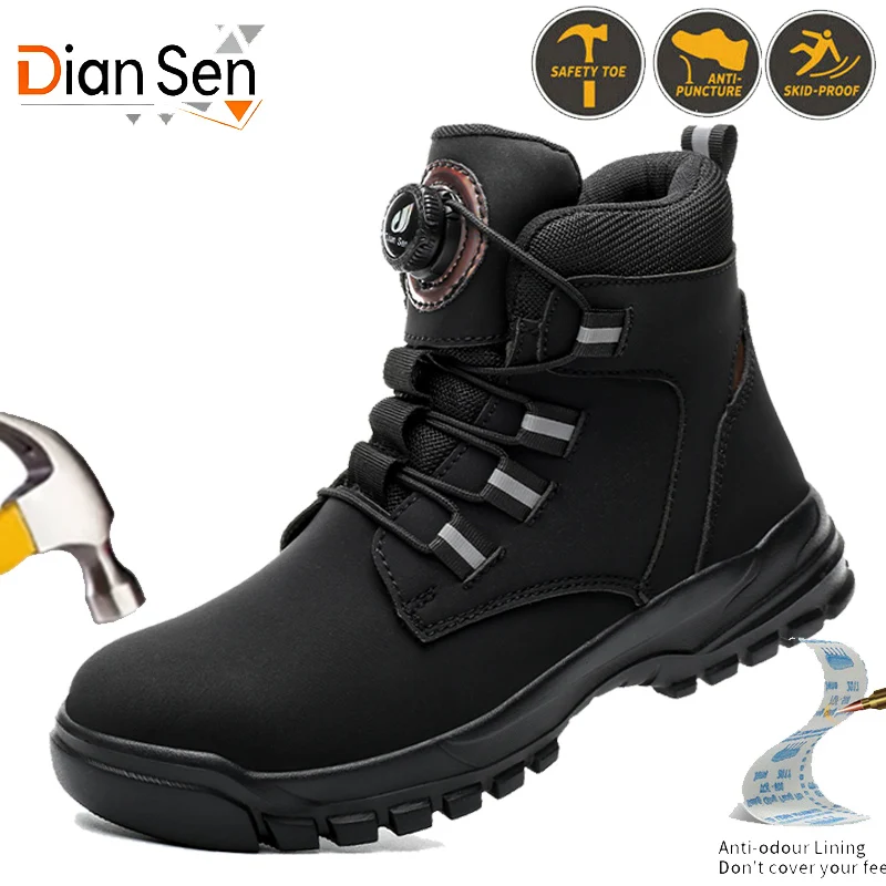

Indestructible Shoes Men Safety Boots Steel Toe Anti-smash Anti-Puncture Work Boots High Top Rotary Button Sneakers Splash-proof