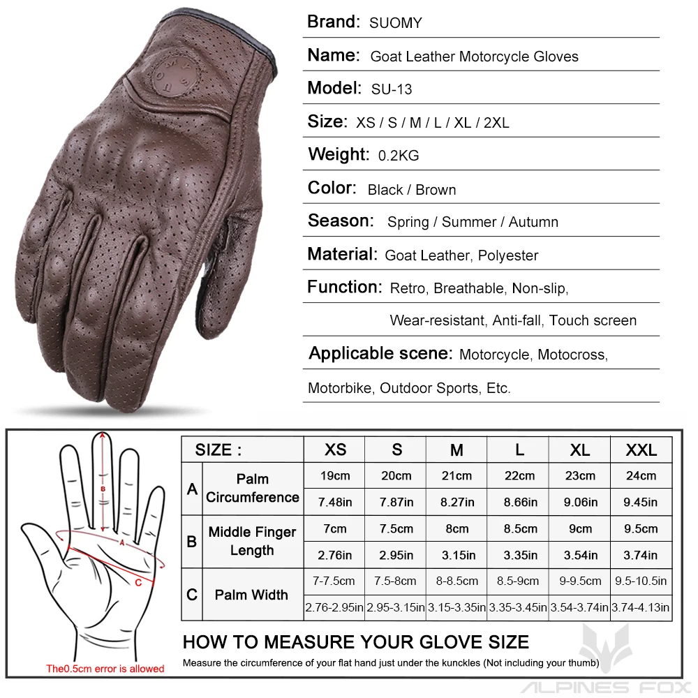 ถุงมือหนังมอเตอร์ไซค์ SUOMY สไตล์วินเทจ สำหรับผู้ชายและผู้หญิง ถุงมือขี่จักรยานยนต์สำหรับฤดูใบไม้ผลิ ถุงมือมอเตอร์ไซค์แบบเรโทร สำหรับมอเตอร์ครอส ATV สีน้ำตาล