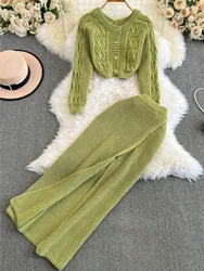 Autumn Women Elegant Casual Knitted Skirt Suit Long Sleeve Short Cardigan Sweater Slim Midi Saya Two Piece Set Female Outfits