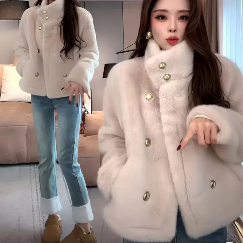 Cropped Faux Fur Coat 2024 Winter Warm Stand Collar Fluffy Jacket Elegant Long Sleeve Overcoats Female Clothes Top