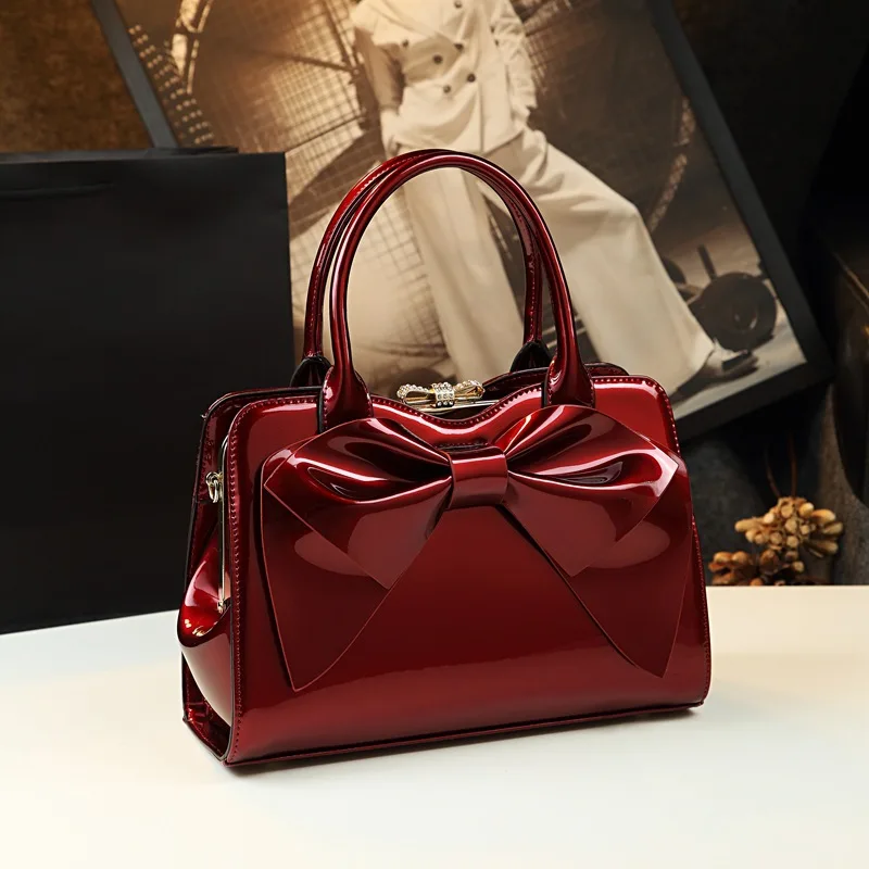Patent Leather Handbags For Women Purse With Bow Satchel Top-Handbags Fashion Crossbody Bag Portable Shoulder Luxury