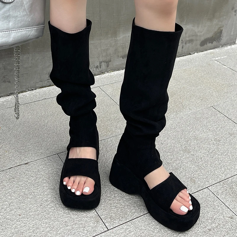 Ladies Shoes Long Boots Sandals Female Casual Summer Fashion Women Flats Shoes Sock Gladiator Knee High Boots Sandals