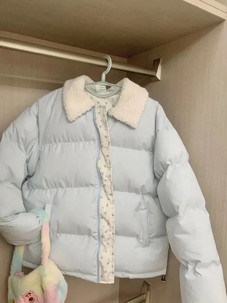 

Zoki синие лоскутные парки с цветочным принтом, женские корейские милые зимние теплые пышные пальто, повседневная свободная хлопковая куртка с длинными рукавами в консервативном стиле