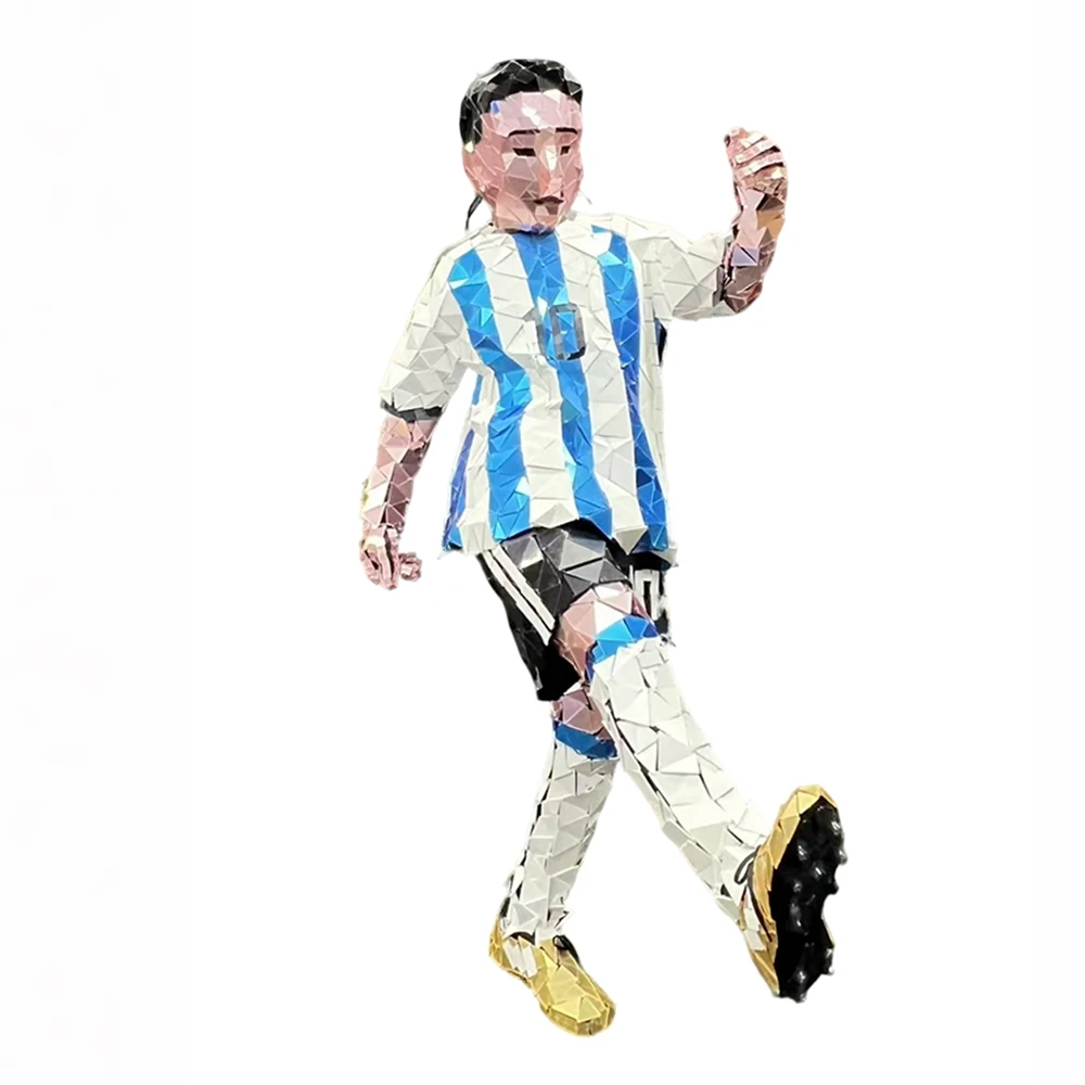 Blauw-wit gestreepte handen genaaide acryl spiegelmozaïek voetbal sportset geometrische lens sterspeler stijl atletische outfit