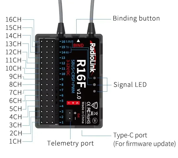 Radiolink R16F RC receptor 16 canales 2,4G giroscopio transmisión de voltaje de coche telemetría 600m de largo alcance RX para RC coche barco avión