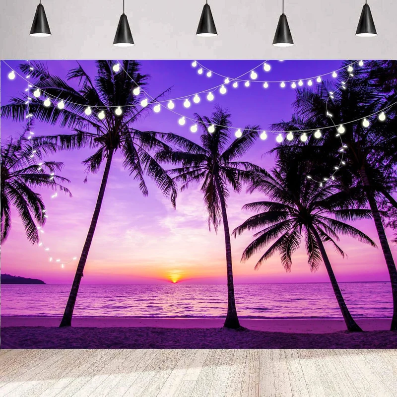 Sea Beach Sunset Photography Backdrop Summer Beach Hawaii Tropical Palm Trees Luau Party Banner Beach Background Wall Poster