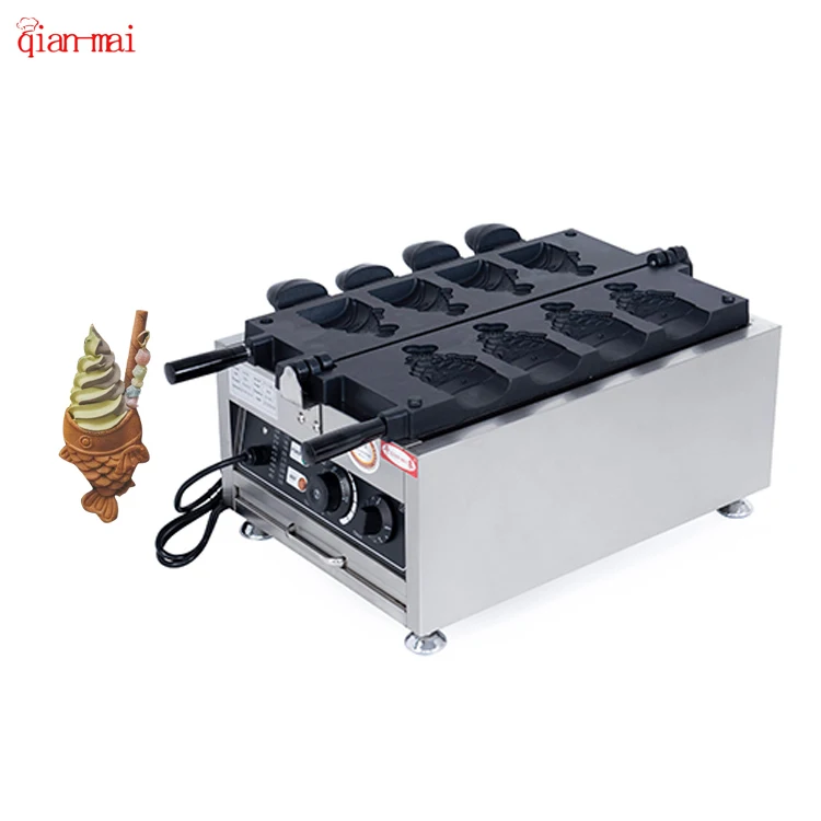 Commercial Non-Stick 4-Pcs Ice Cream & Open Mouth Fish Waffle Maker Electric Rotating Snack Machine for Household & Hotel Use