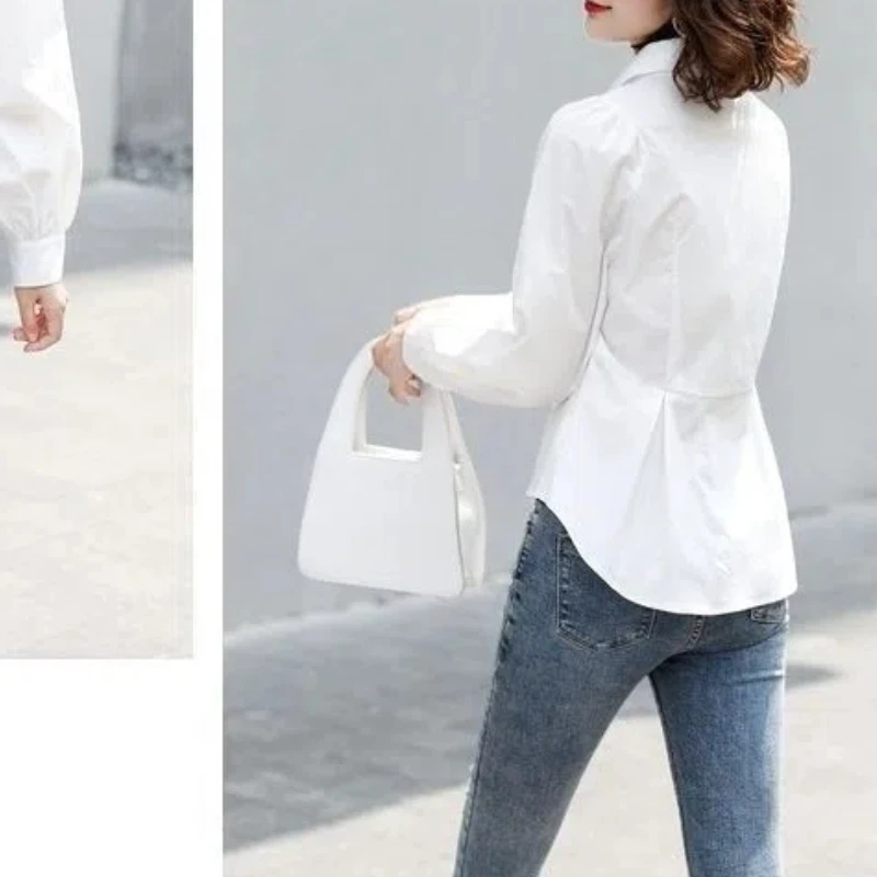 2024 Korean Fashion Commute Spring Autumn New Blouses Women Solid Color Spliced Ruched Asymmetric Button Slim Long Sleeve Shirts