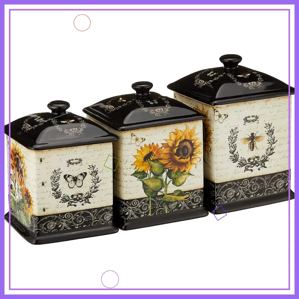 

Vintage Sunflower Ceramic Canister Set, 3-Piece Kitchen Storage Jars with Lids, Floral Bee Butterfly Design