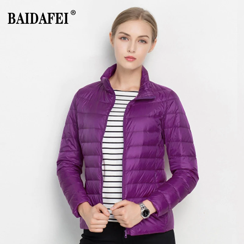 Parka para baixo empacotável feminina, jaqueta puffer empacotável, casaco casual com gola alta, leve, resistente à água, curta, nova moda, 2023