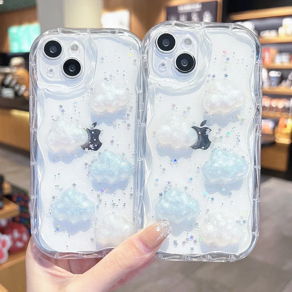 

3D Cute Cloud sequins Phone Case For iPhone 16 15 14 13 12 11 Pro X XR XS Max Soft TPU Shockproof Back Cover