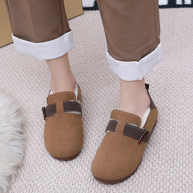 Trendy Winter Women's Shoes 2024 New Boken Color Blocked Plush Retro Soft Wear Resistant Flat Bottom Lightweight Women's Casual