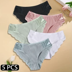 5PCS/Set Women Floral Lace Panties Sexy Low Rise Briefs Hollow Out Breathable Underwear Female Ribbed Cotton Soft Lingerie M-XXL