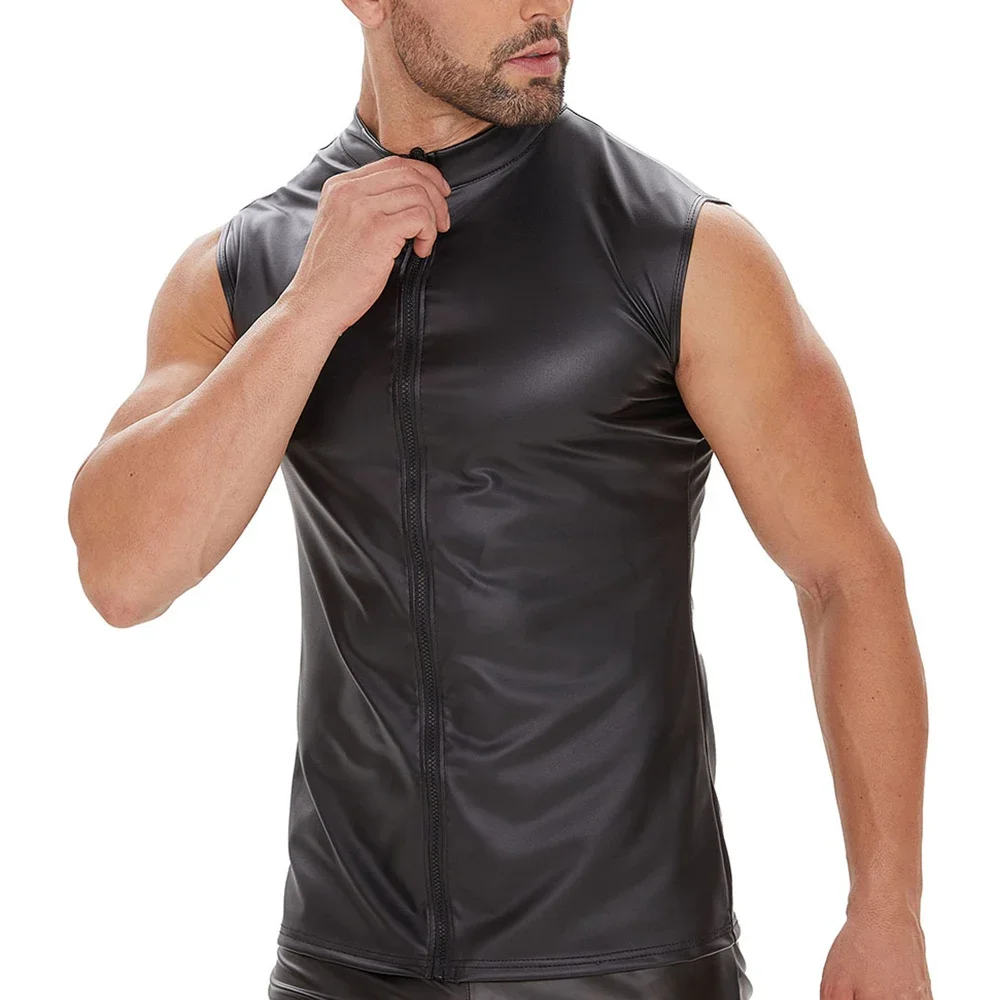 Men Night Clubwear Leather Tank Top Soft Leather Sleeveless T-Shirts Male Full Zipper Shaping Gym Fitness Vest Slim Sport Vests