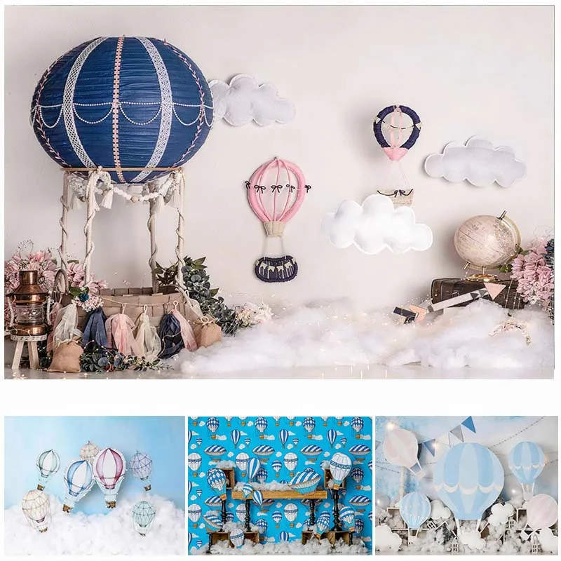 

LS Hot Air Balloons Themed Photography Backdrop Vintage Airplane Suitcase Explore Baby Birthday Cake Smash Adventure Backgrounds