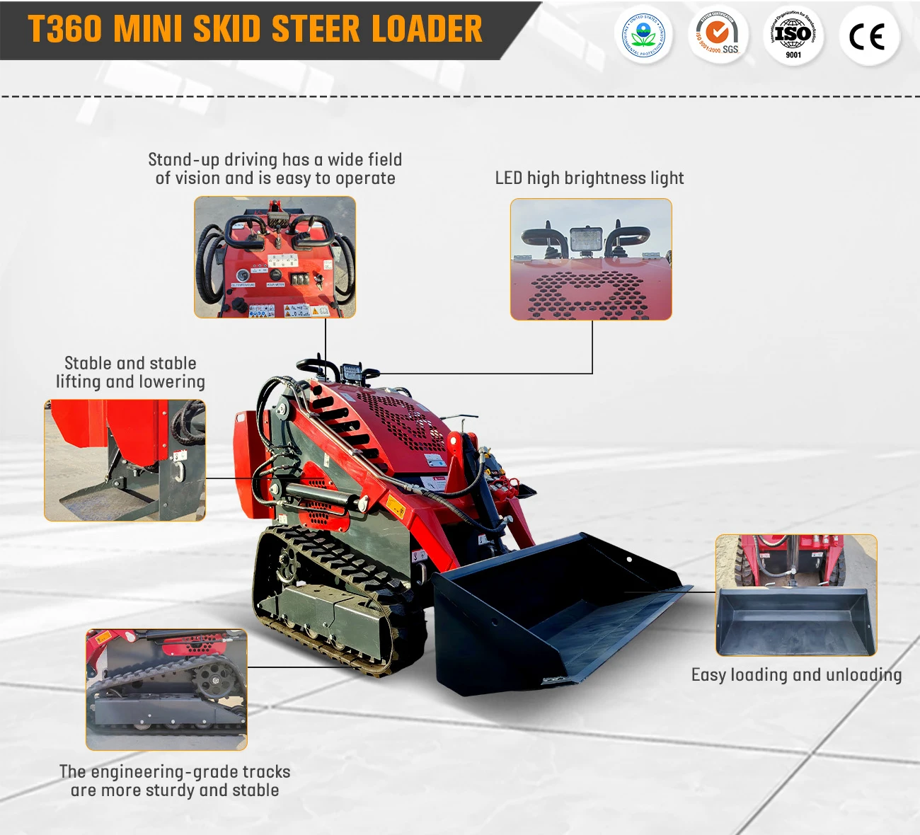 Maßgeschneiderter Mini-Skidsteer-Ständer aus China mit Anbaugeräten, Mini-Raupen-Kompaktlader mit Schiene – Detail 8